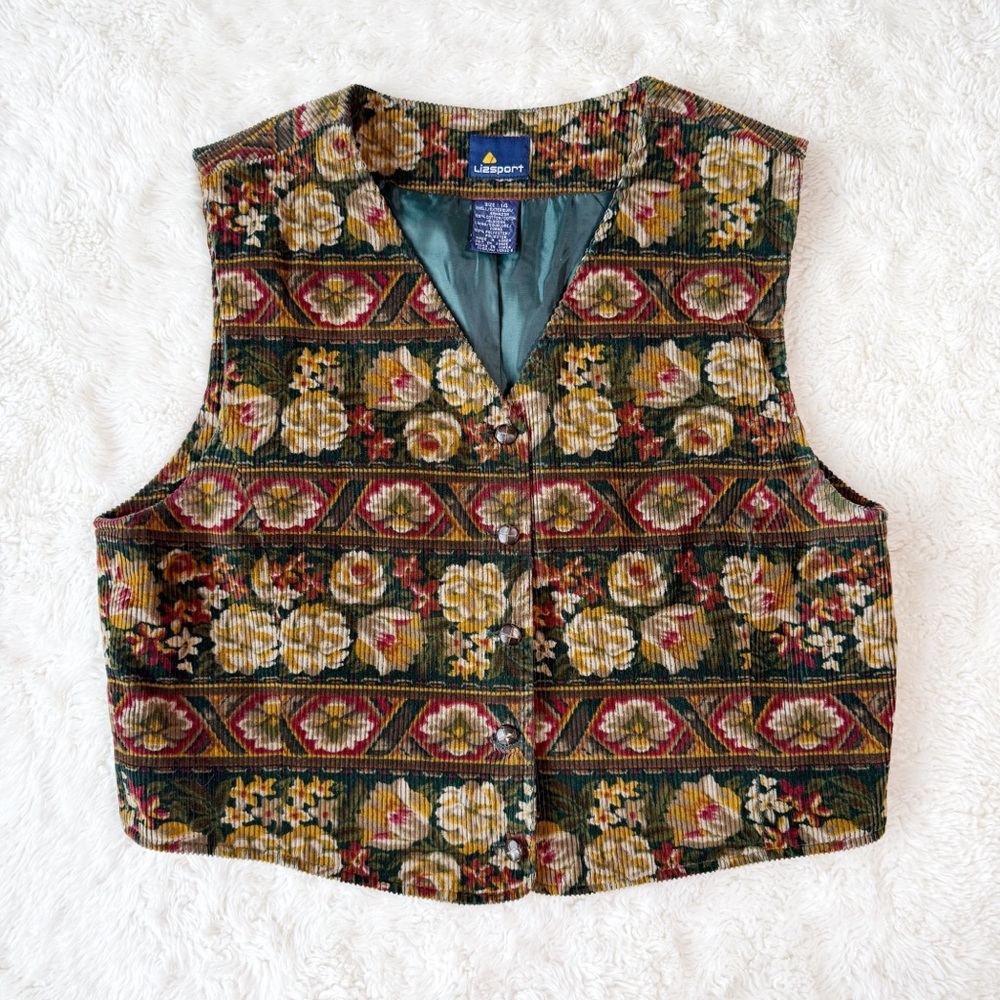 VTG Liz Sport Women Floral Corduroy Button Vest US14 Cottagecore Boho Country